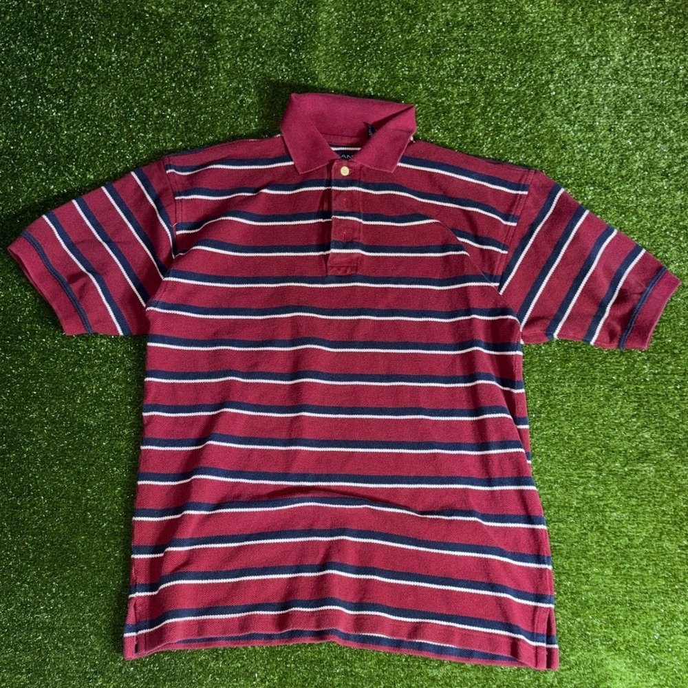 Gant Mens‎ Pique Polo Shirt Burgundy Navy Blue Striped Short Sleeve Size M